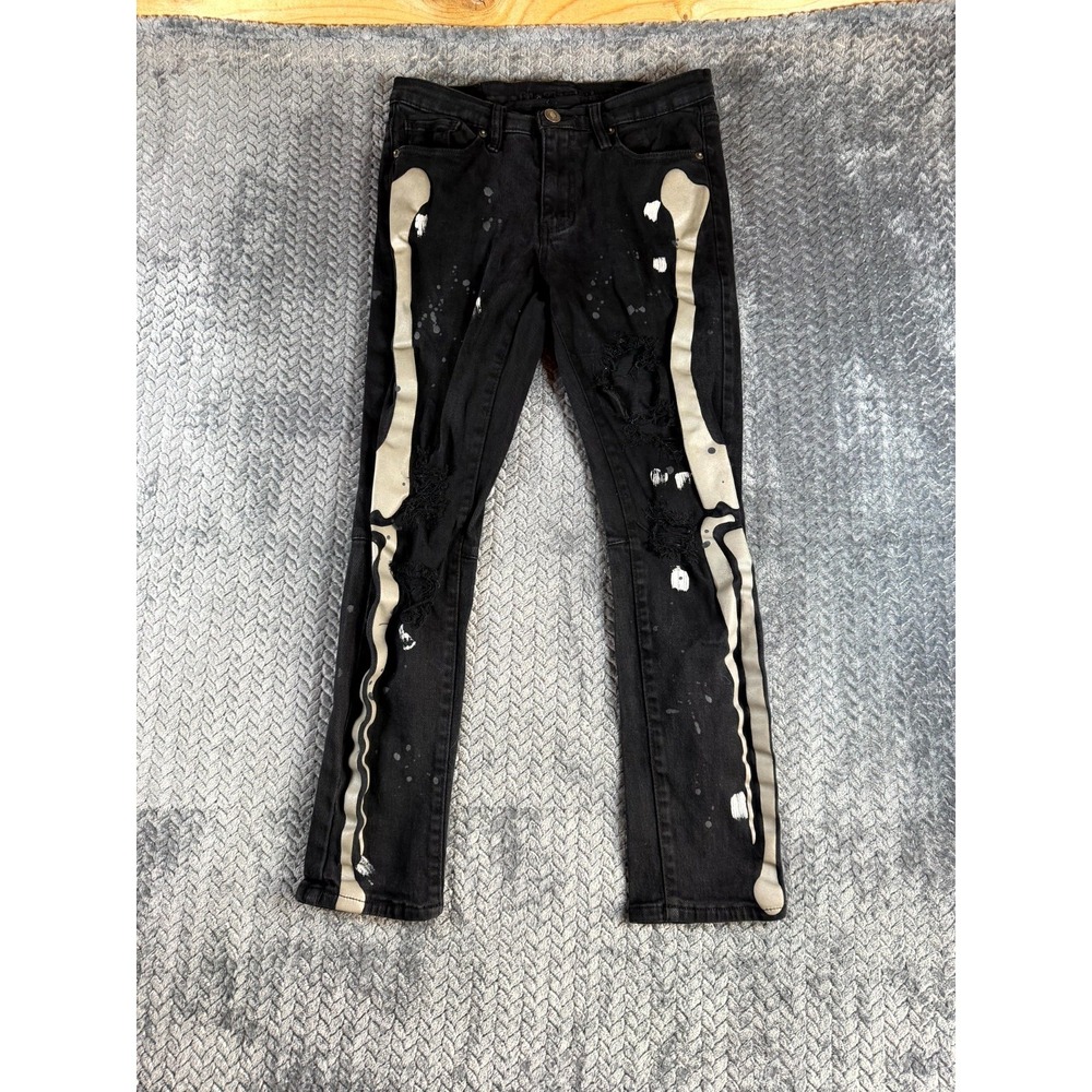 Rue21 Premium Jeans Women 28x30 Black Distressed Skeleton Bones Graphic Straight